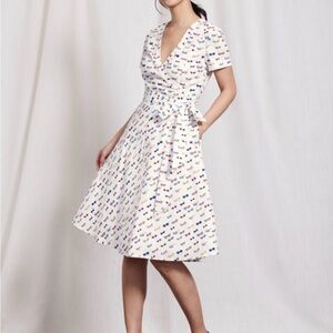 Boden White and Blue Patterned Midi Dress